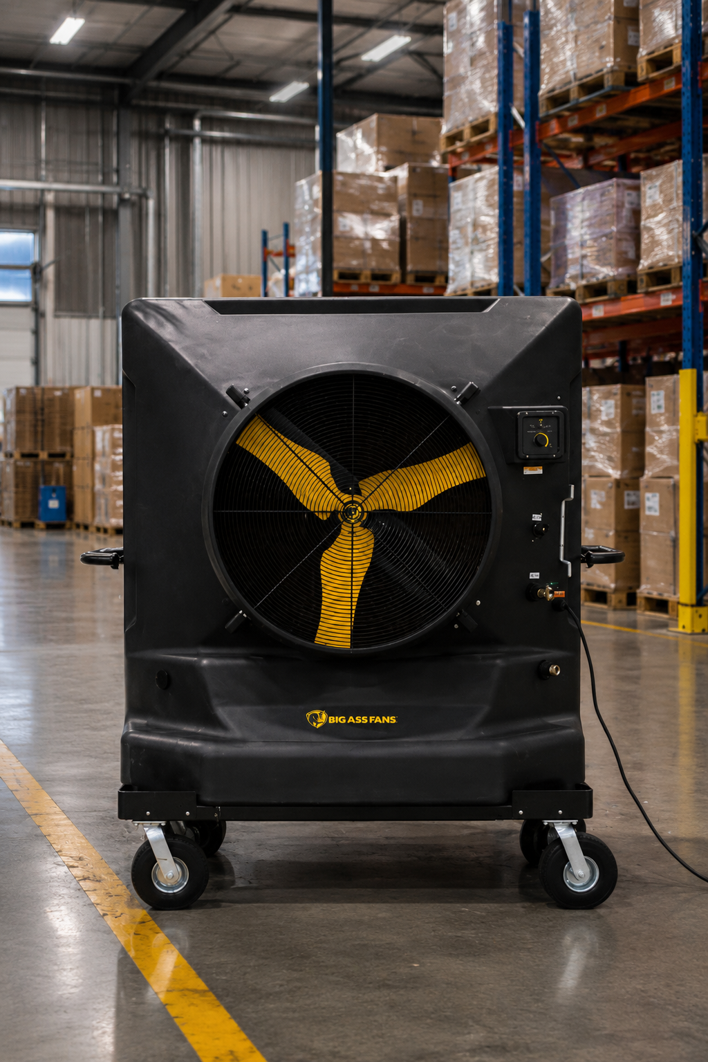 Mobiele luchtkoeler in distributiecentrum voor efficiënte koeling van magazijnen en logistieke omgevingen